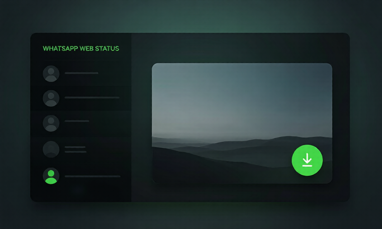 WhatsApp Web Status tab with a download button overlay — save status photos and videos in one click